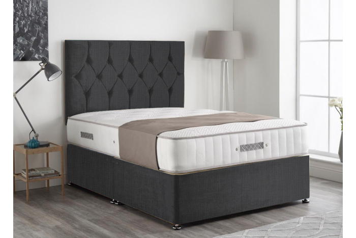 Linen Divan Base Bed Set 3ft Single - Linen - Charcoal - 2 Drawers Same Side - Ortho Comfort Mattress